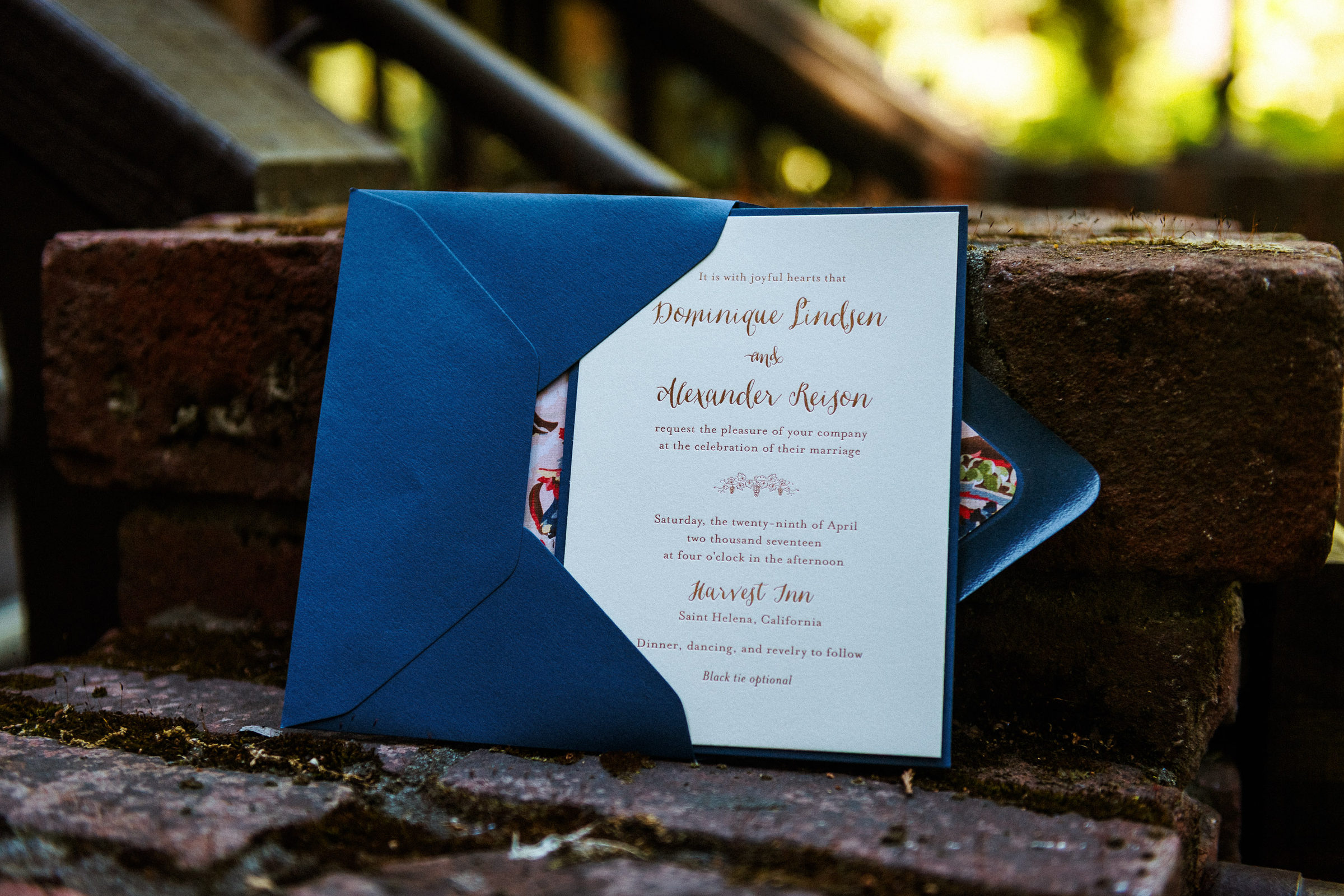 Navy and letterpress wedding invitation for the Harvest Inn celebration