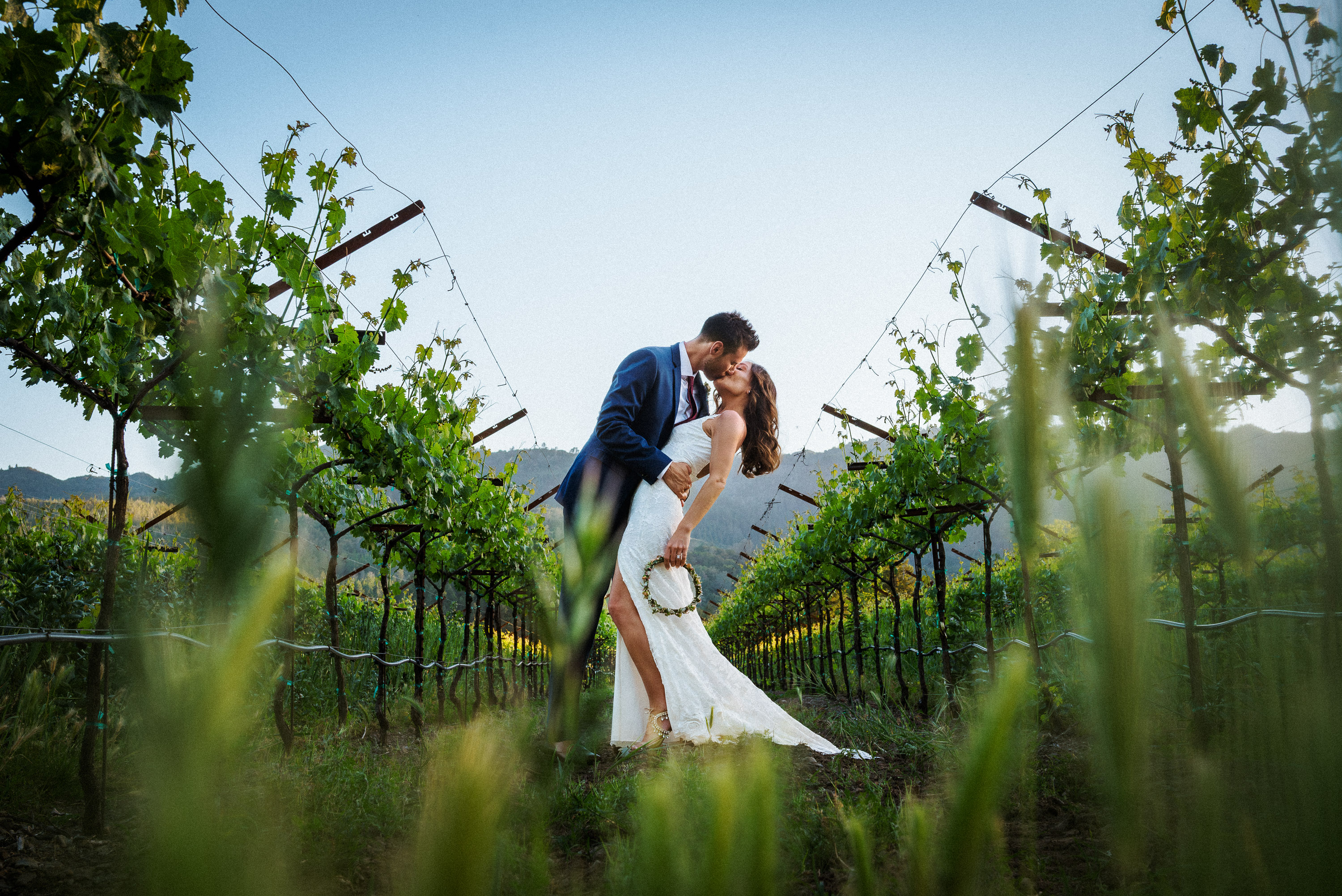 Bride and groom kissing between vineyard rows at Harvest Inn in Napa Valley